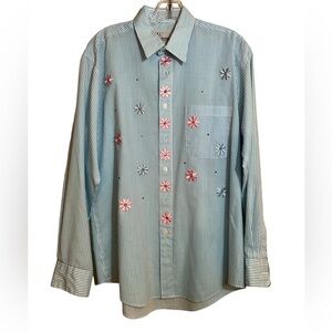 Vintage Mili Blue Striped Button Down Blouse Flower Appliqué Grandmacore Size M